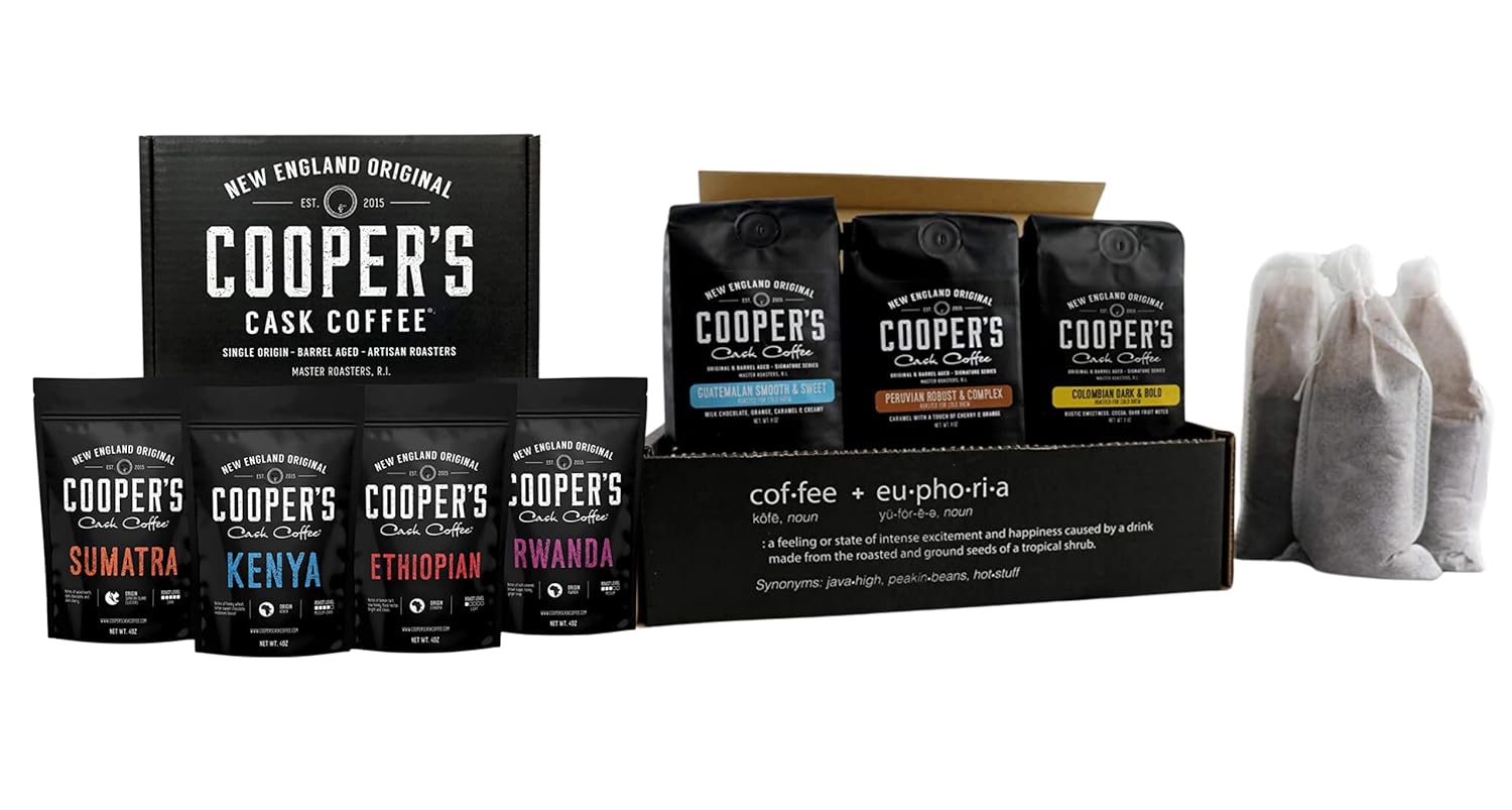 Gourmet Coffee Sampler Gift Box Set - Whole Bean Coffee - 4 Bags 1Lb Total and Cold Brew Coffee Box Set - Colombian, Peruvian, Guatemalan Ground Coarse for Cold Brew - 6 Filter Bags Included - 1.5 lbs