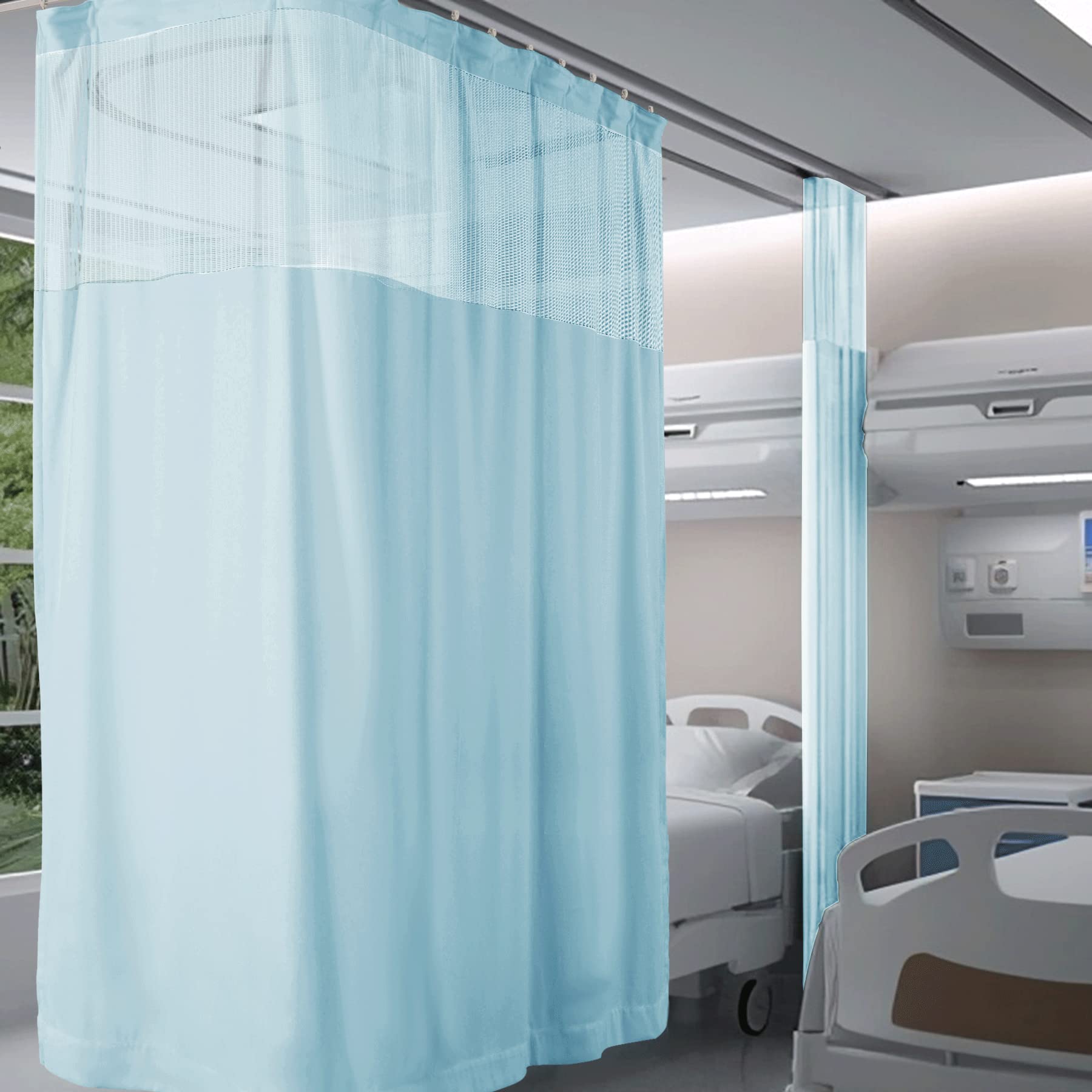 Fcosie 12ft Wide x 7ft Long Light Blue Hospital Privacy Curtains for Room Partitions - Extra Wide Medical Divider Curtains with Mesh Top - Beauty Salon Lab SPA Cubicle Curtain with Flat Hooks, 1 PC
