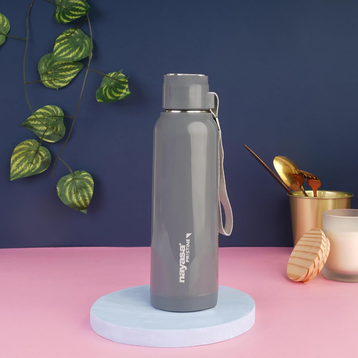 Click to enlarge Nayasa Pristine 700ml Water Bottle | BPA-Free Plastic with Insulated Stainless Steel Inner | Leak-Proof Twist Cap | For Office, School, Gym, Travel, and Outdoor Use | Grey