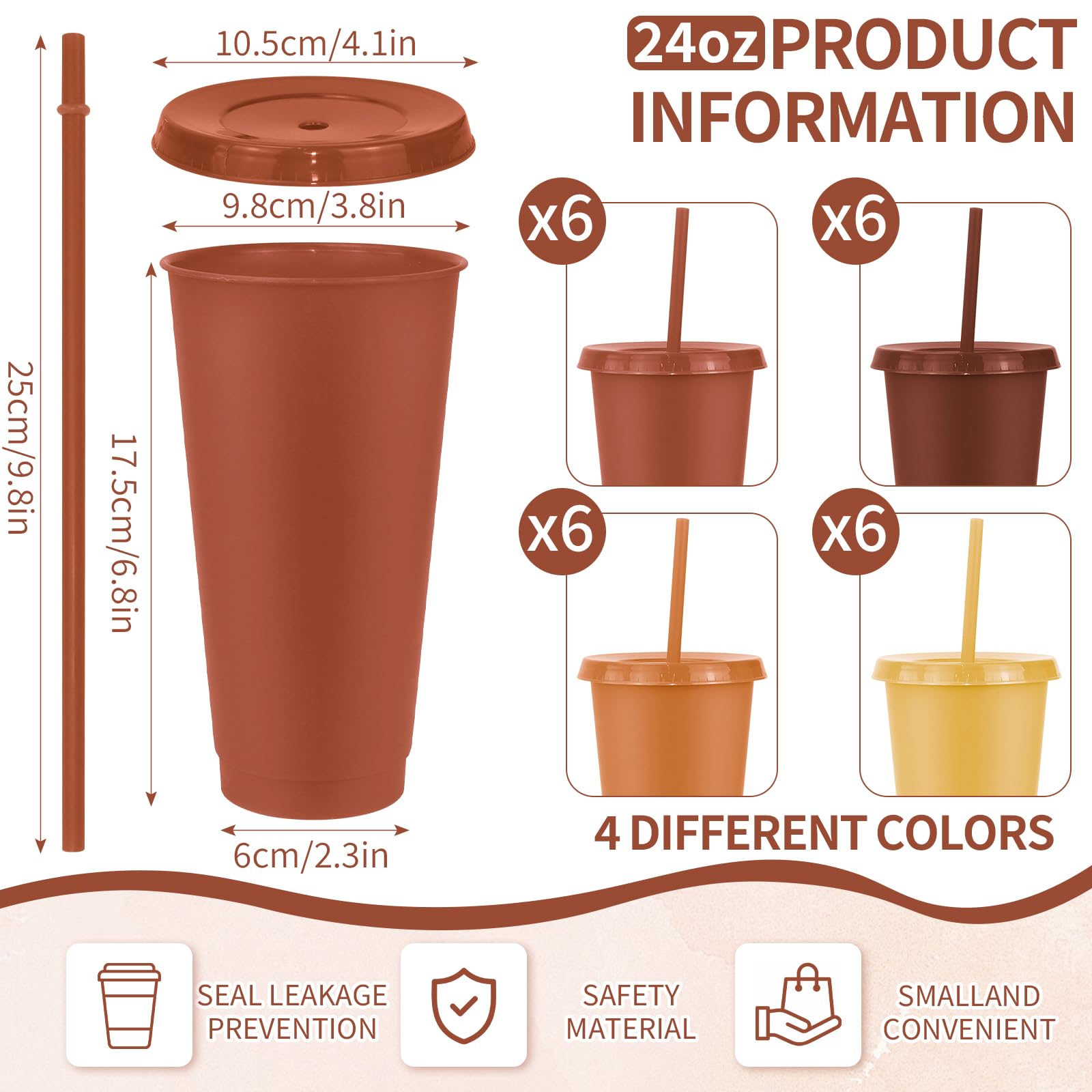 MSYU Lot de 24 grands gobelets en plastique réutilisables avec couvercles et pailles, pour Noël, mariage, fête prénatale, anniversaire (710 ml) (marron)