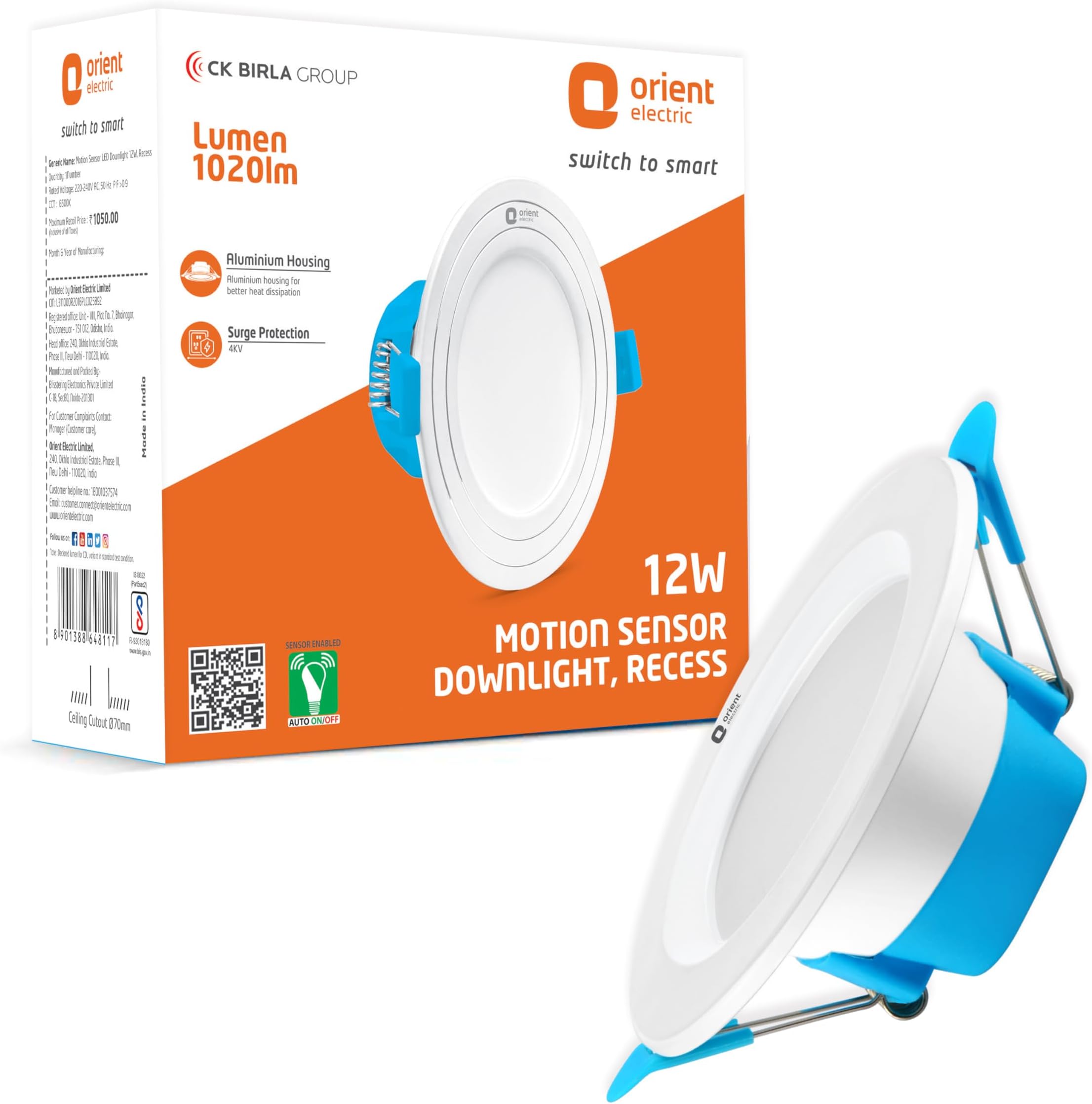 Orient Electric Motion Sensor Downlight - 12W, False Ceiling Required, Cut Out Dimension - 70mm, 1000 Lumens, 2.5KV Surge Protection, Wide Voltage Range - BIS Approved, Made in India