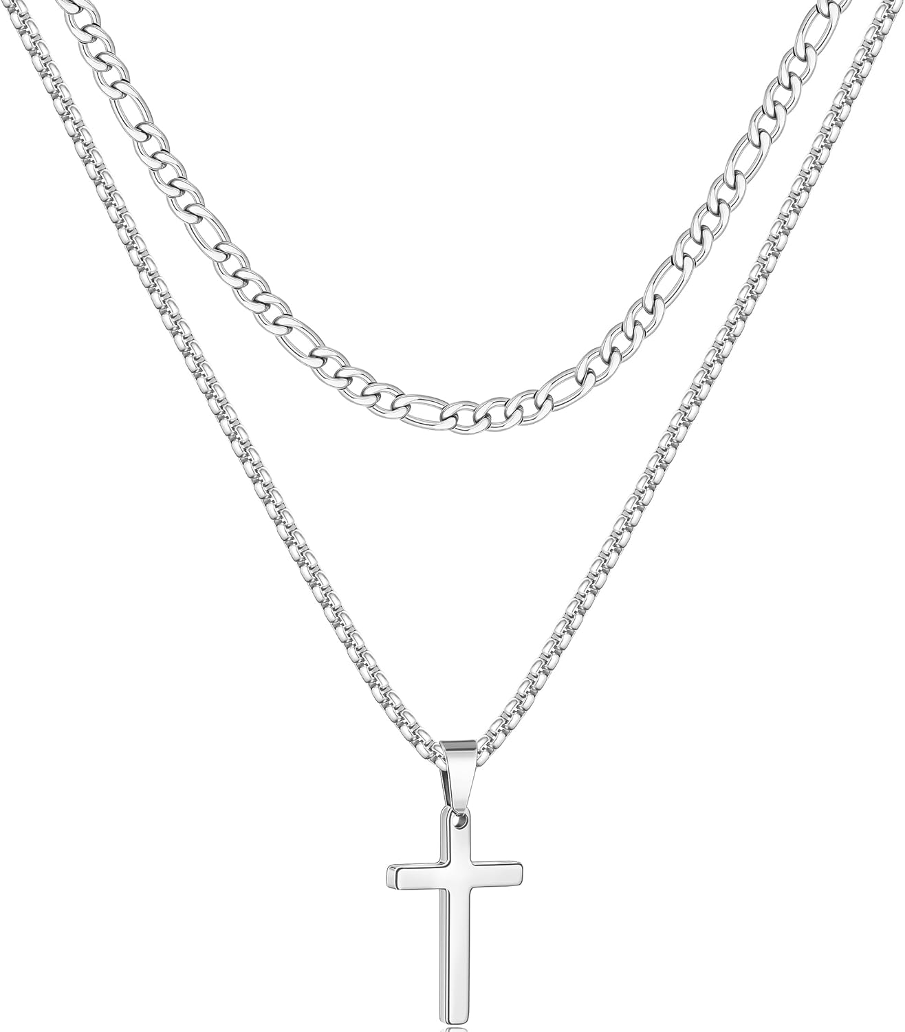Fiusem 2 Pcs Cross Necklace Chain for Men and Women, Stainless Steel Layered Mens Cross Necklaces with Pendant, Figaro and Box Chain 16-24 Inch