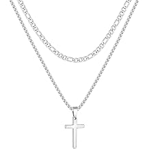Fiusem 2 Pcs Cross Necklace Chain for Men, Stainless Steel Pendant | Layered Cross Chain Necklace Set with Figaro and Box Chain, Unisex Jewelry Gift, 16-24 Inch