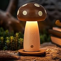 Vista 9 de 2 Pack LED Wood Mushroom Table Lamp, Rechargeable Cordless Touch Bedside Small Lamps, Wireless Stepless Dimming Night Light, Portable Battery Lamp