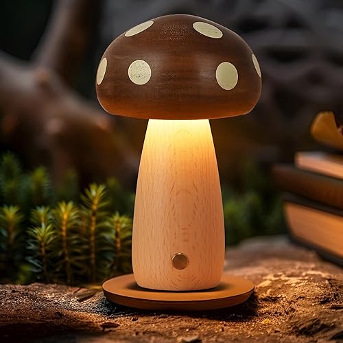 Miniatura 9 de Paquete de 2 lámparas de mesa LED de madera con forma de hongo, lámparas pequeñas recargables inalámbricas táctiles, luz nocturna inalámbrica de