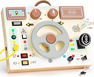 Joyreal Toddler Busy Board with LED Lights, Steering Wheel, Sounds, Montessori Toys for 1+ Year Old, Fidget Board Sensory Travel Toy, Gifts for Boys and Girls