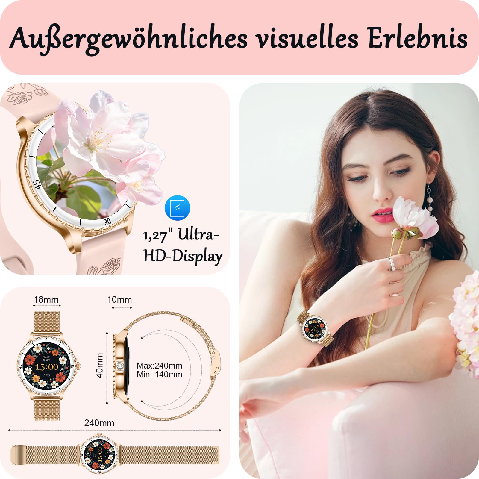 Smartwatch Damen mit Telefonfunktion, 1,27", 2 Armbänder, Rose Gold | 120+ Sportmodi Fitness Tracker, Herzfrequenz/SpO2/Schlaf Monitor Schrittzähler, IP68 Wasserdicht Sportuhr für iOS Android
