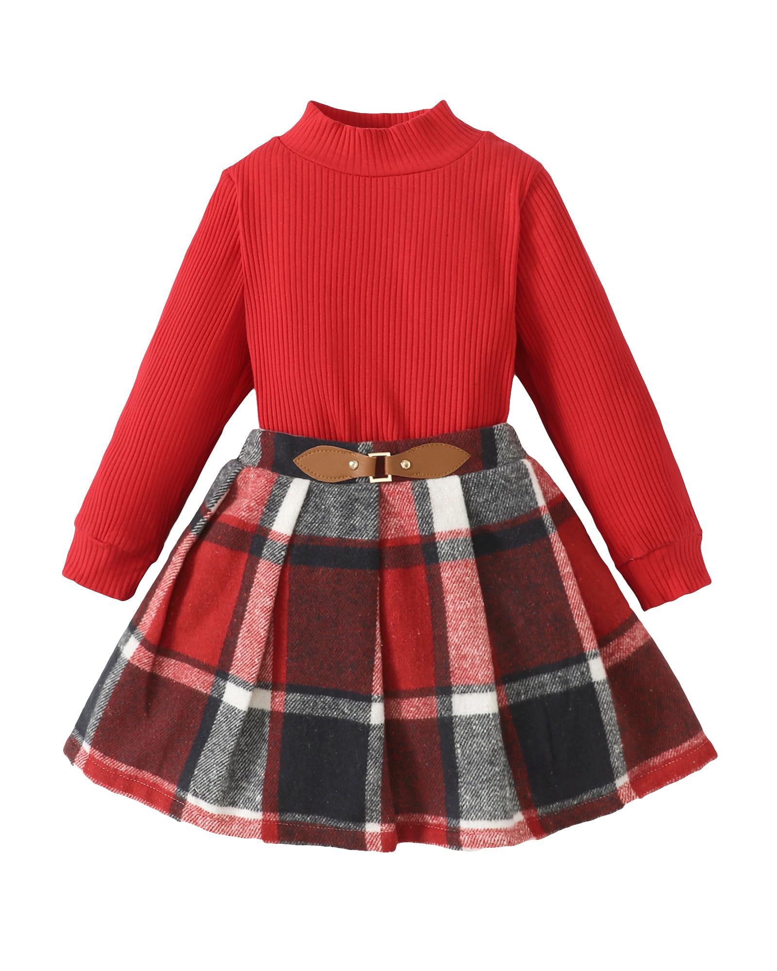 Kucnuzki Toddler Baby Girl Fall Winter Clothes Long Sleeve Ribbed Shirt Top Corduroy Mini Skirt Plaid A-line Dress Outfit