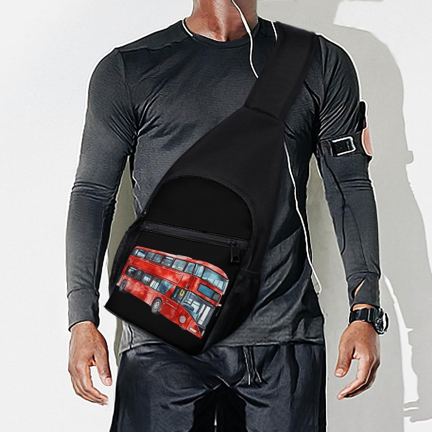 Watercolor London Bus Crossbody Sling Backpack Chest Bag Daypack | unisex,trendy,with convertible and detachable shoulder strap,side pockets