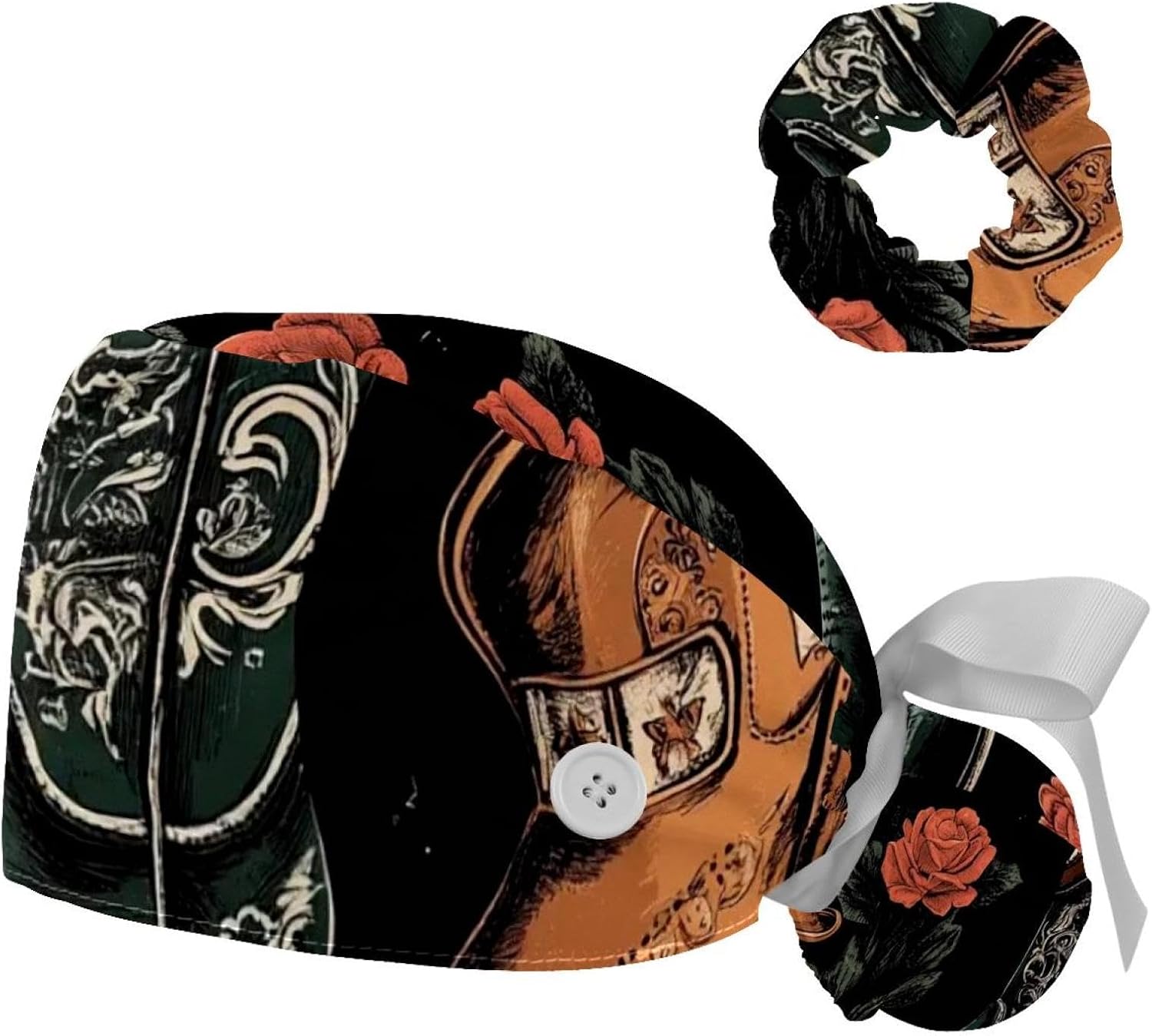 Cowboy Hat Cactuses Western Surgical Cap with Buttons/Bow Hair Scrunchy for Long Hair