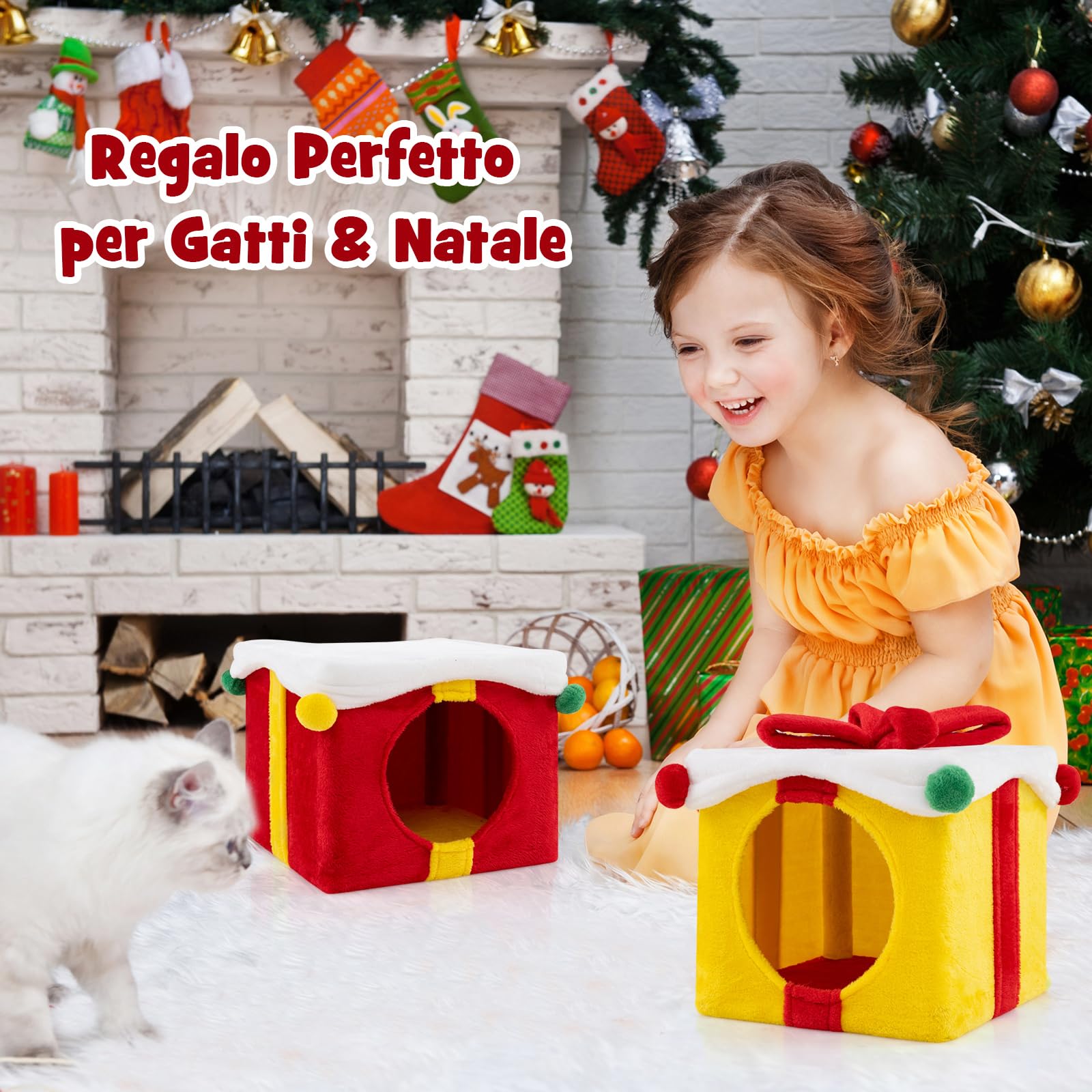 COSTWAY Set 2 Cuccia Cane Interno a 2 Piani, Tiragraffi per Gatto a Forma di Scatola di Natale in Tessuto e MDF, Lettino Gatto Interno per Inverno, Rosso e Giallo