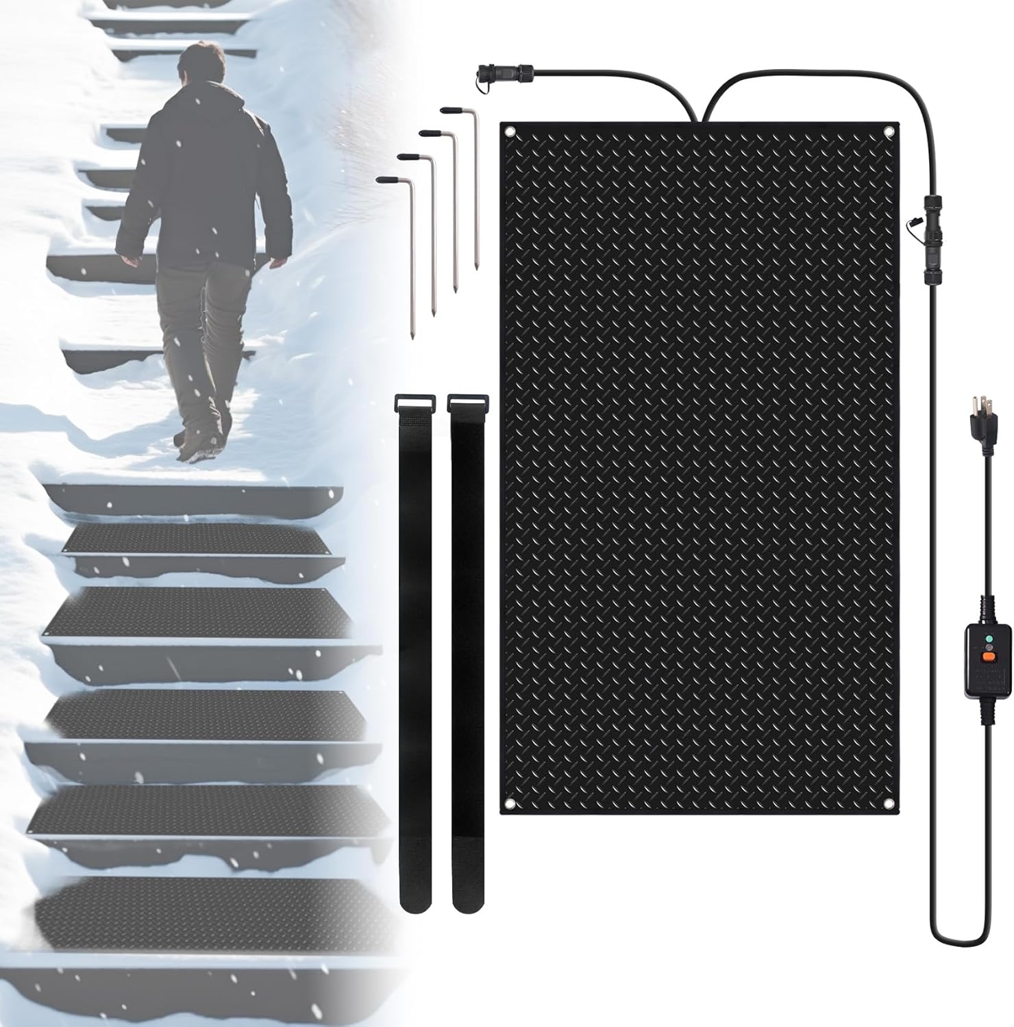 Heated Snow Melting Mat, 30'' x 48'' Non-Slip Electric Heated Foot Mat, Snowmelt Heated Walkway Mat with Power Cord, Rubber Snow and Ice Heated Pad for Winter Outdoor Stairs, Sidewalks, Garages, Decks 30in*48in