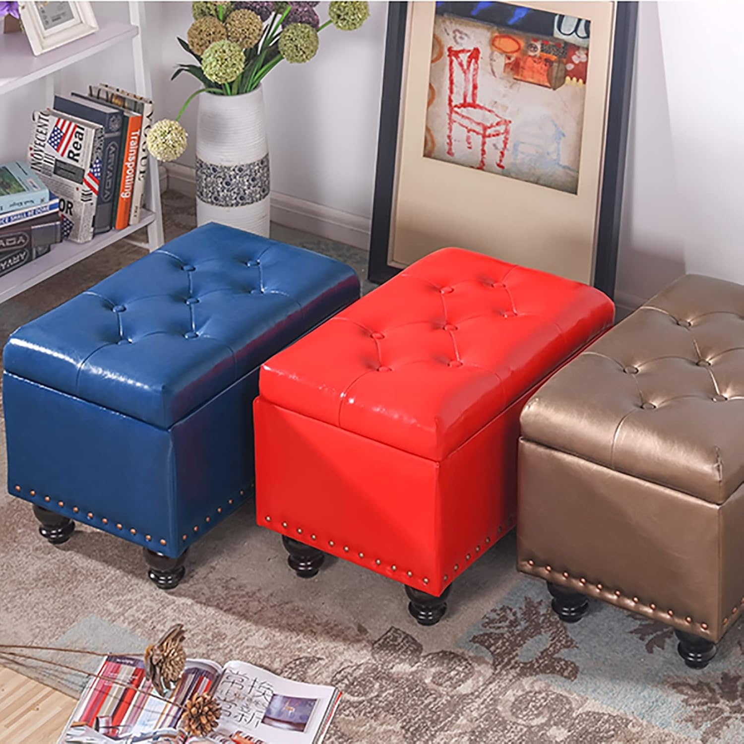 Footstool Faux Leather Bench with Lid Storage Boxes Footrest Stool Storage Bench Decorative Furniture for Living Room Entryway R 100x40x43cm(39x16x17inch)