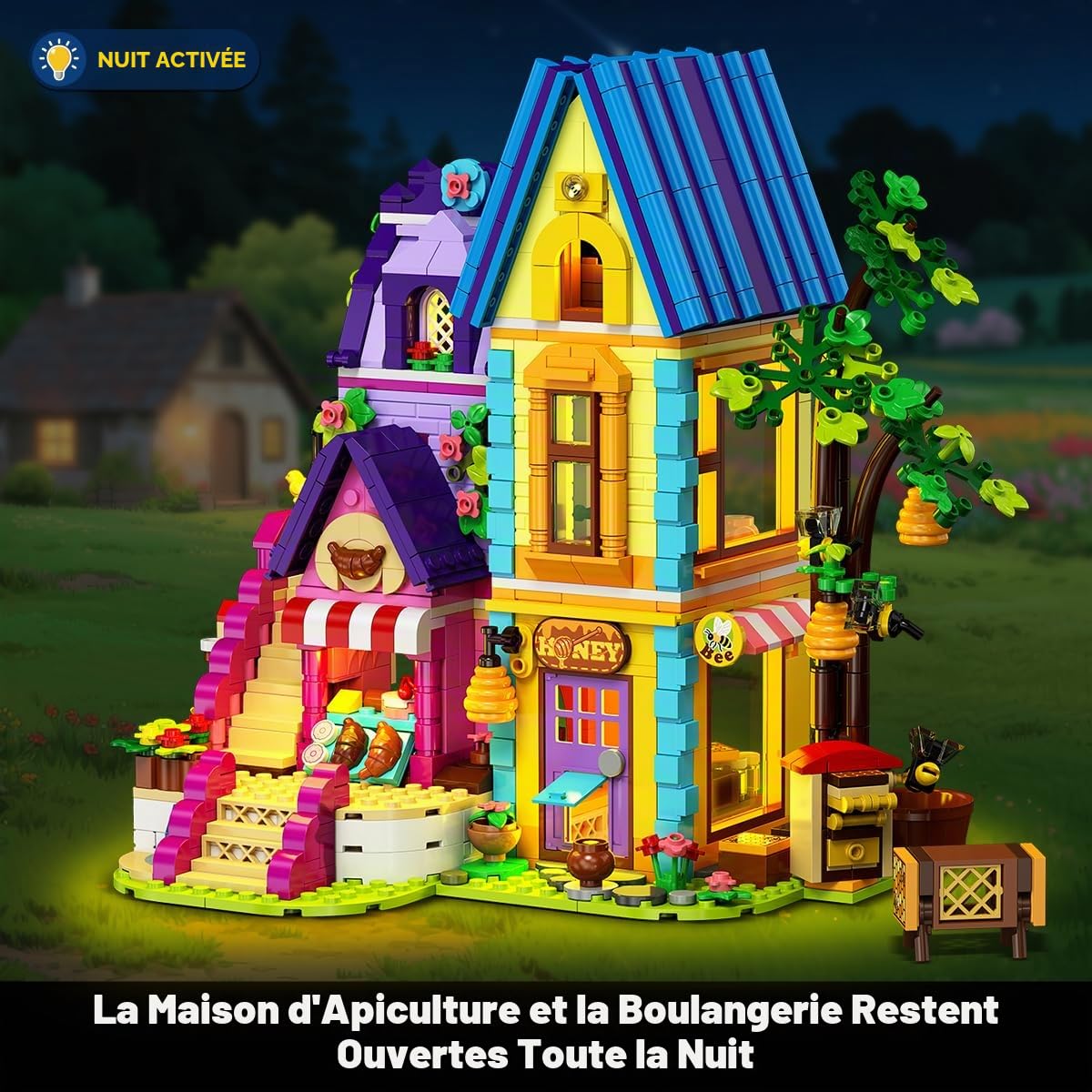 HOGOKIDS Maison d’Apiculture et de Boulangerie avec Lumière LED – Set de Construction 1084PCS Friends Filles, Jeu d’Imitation, Cadeau d’Anniversaire ou de Noël pour Enfants Filles Garçons 8-12+ Ans