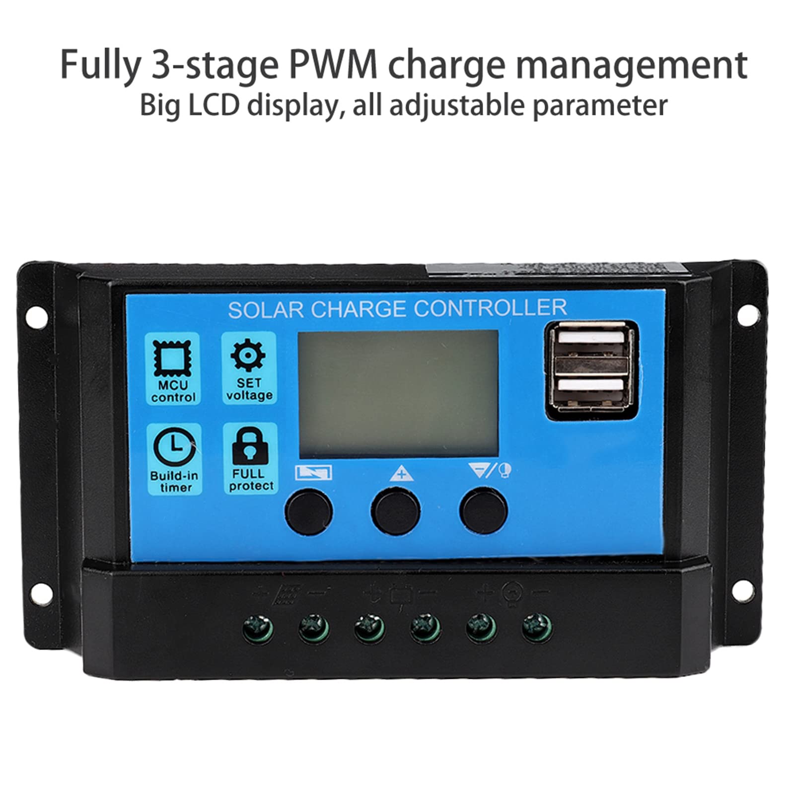 Kontroler ładowania słonecznego, 60A/50A/40A/30A/20A/10A 12V 24V Automatyczny regulator ładowania słonecznego Kontroler PWM Podwójny port USB PWM Ładowarka słoneczna PWM Wyświetlacz LCD (40A)