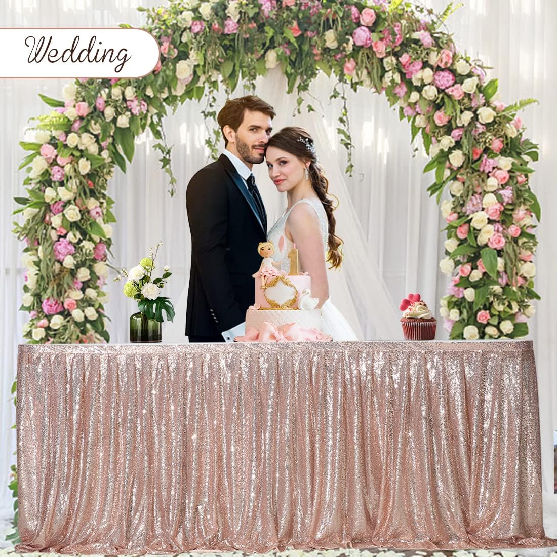 Poise3EHome 14ft Sequin Table Skirt, Rose Gold Table Skirt for Rectangle/Round/Square Tables for Party Wedding Birthday Christmas