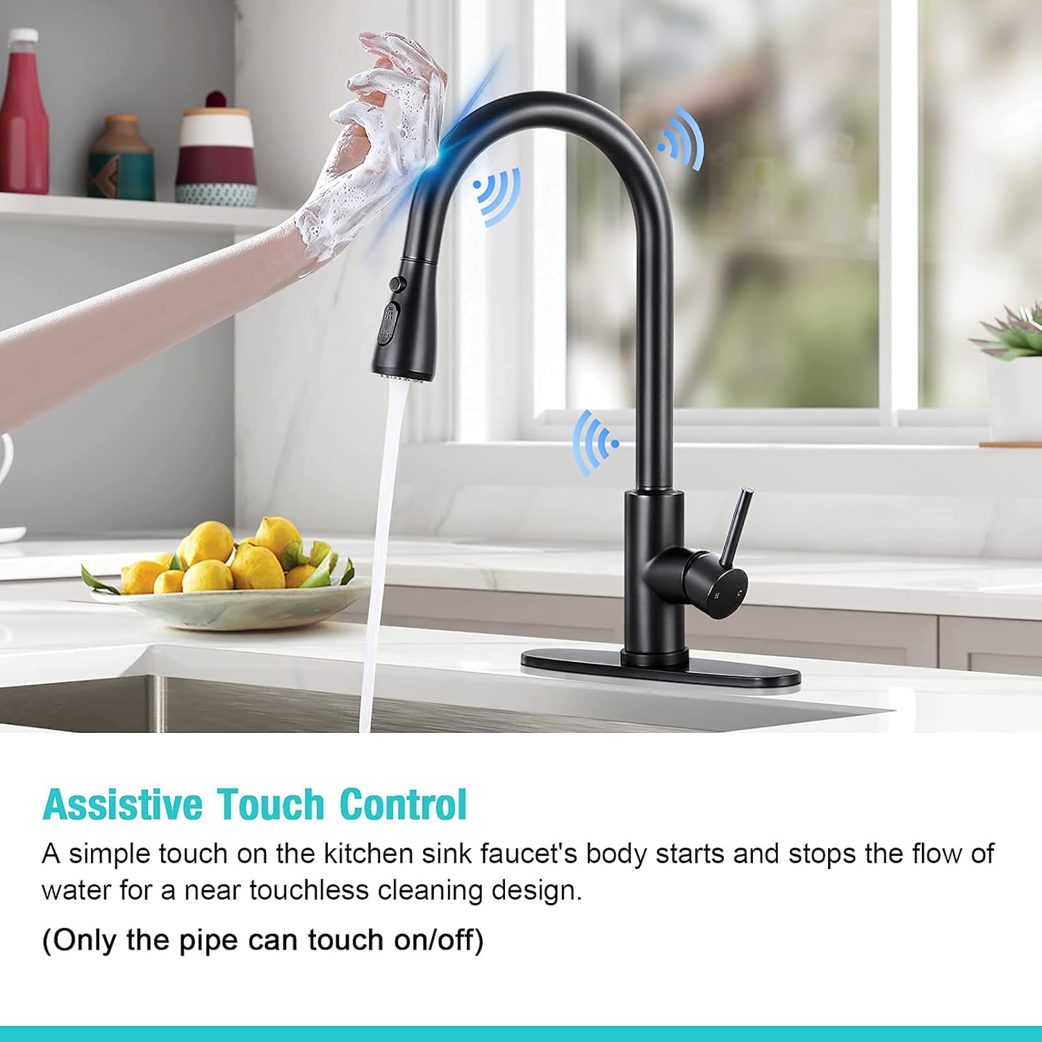 DJS Touch Kitchen Faucet with Pull Down Sprayer, Touch On Kitchen Sink Faucet with Single Handle 3 Spray Setting Deck Plate for 1 or 3 Holes Sink, Brushed Nickel. (Matte Black) - - 