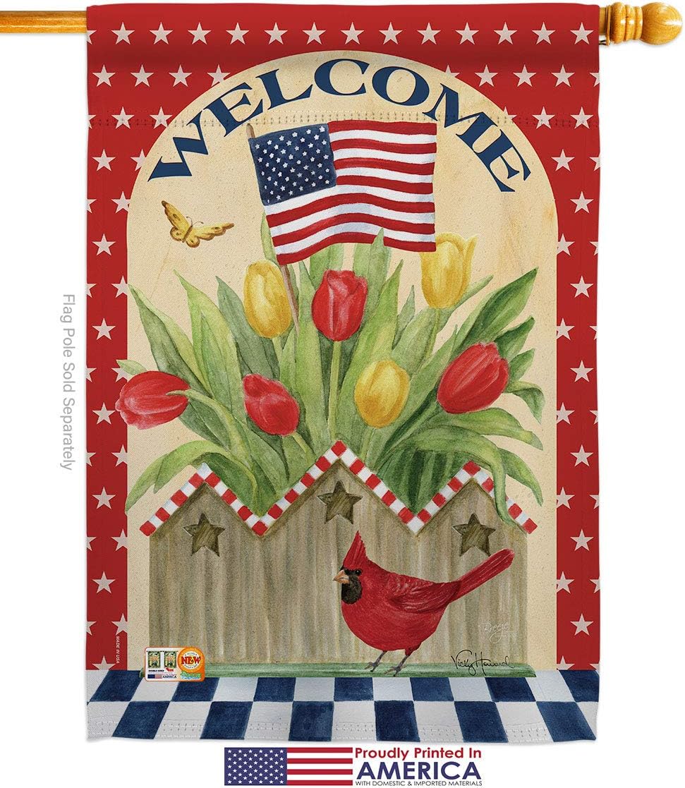 Patriotic Flowers House Flag Dowel Set Americana Star and Stripes Patriotism Independence Memorial United State American Small Decorative Gift Yard Banner Made In USA 28 X 40