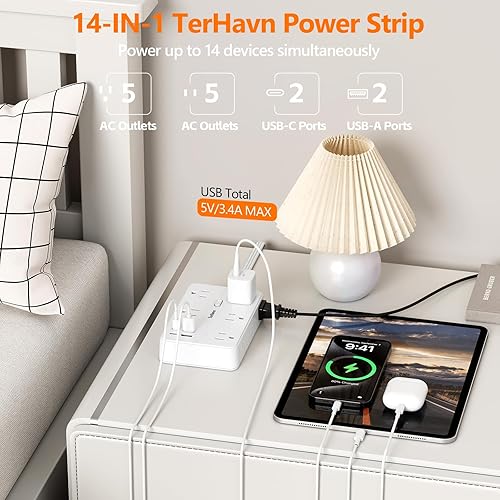 Miniatura 2 de Cable de extensión plano de 15 pies, 10 salidas de CA y 4 puertos USB (3.4A 17W), 1080J, estación de carga de escritorio para montaje en pared con