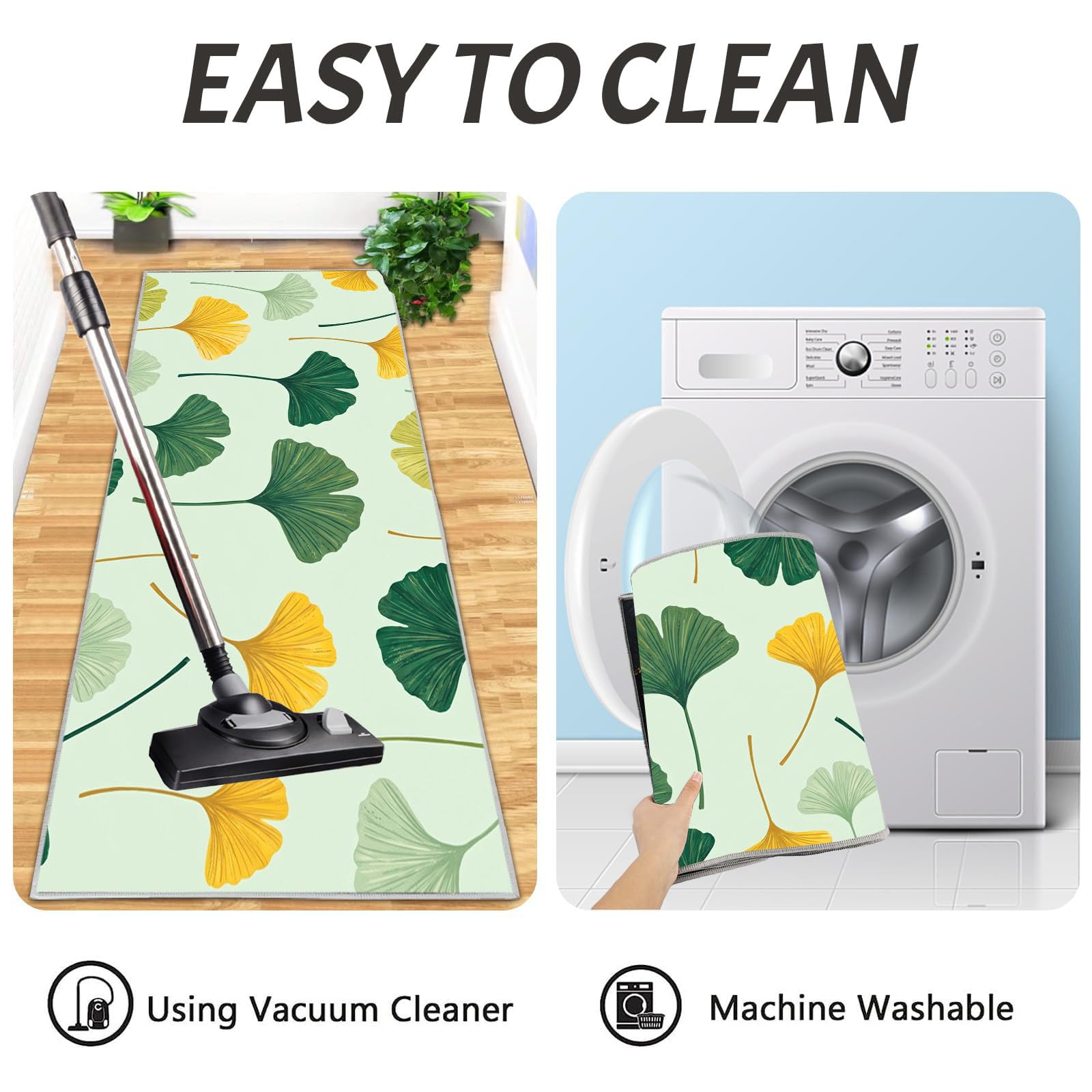Juego De 2 De Alfombras De Cocina Tema De Hojas De Ginkgo Rural | Alfombra Antideslizante Lavable para Cocina, Plantas Frescas Conjuntos Absorbentes para Pasillo Entrada, Verde Salvia