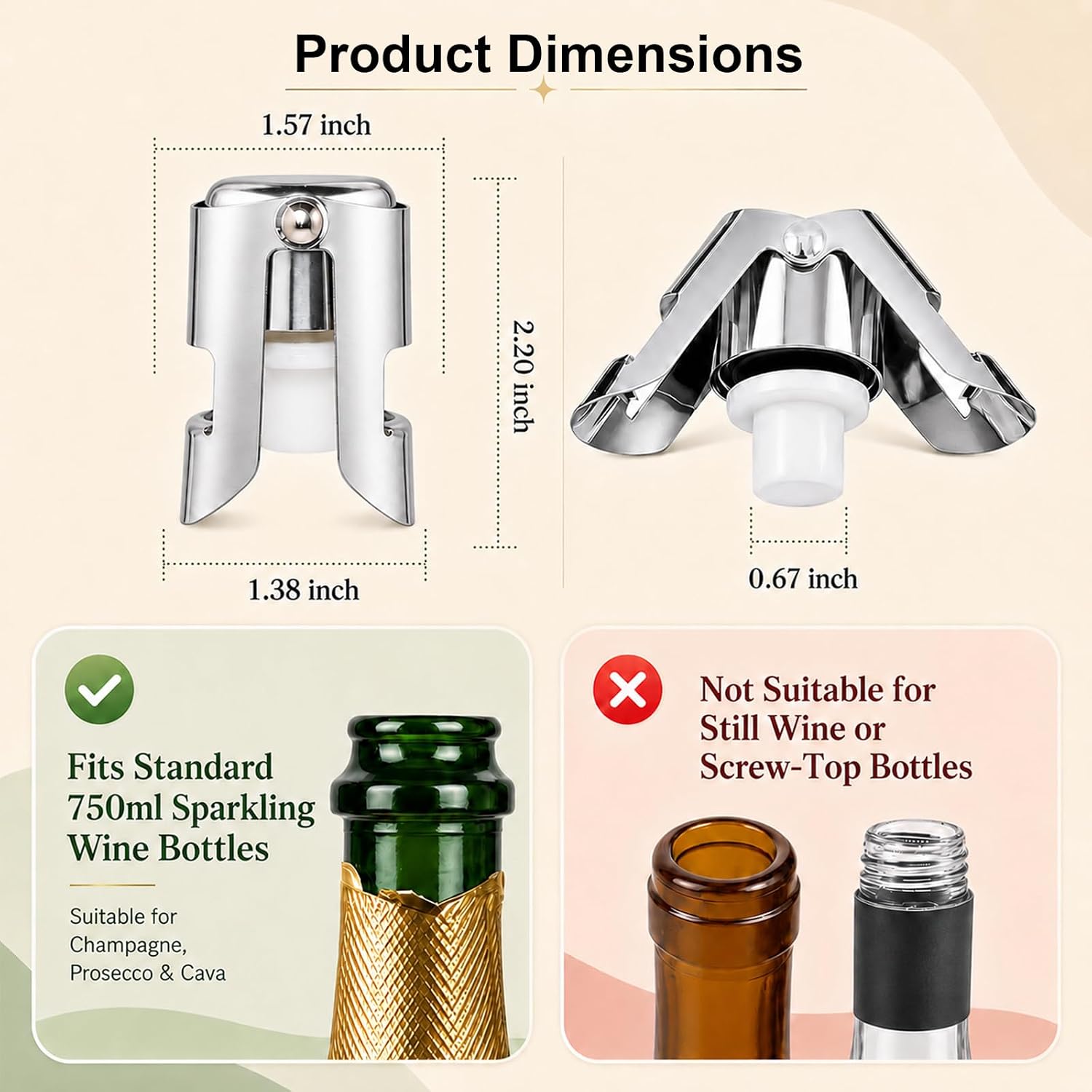 2 Pack Champagne Stoppers, Stainless Steel Sparkling Wine Sealer