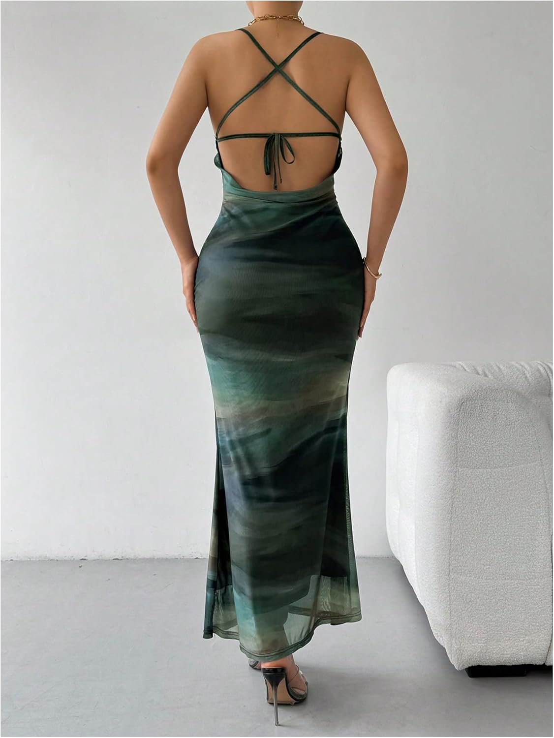 SHENHE Women's Tie Dye Mesh Maxi Dress Cowl Neck Backless Sexy Bodycon Party Long Dress - Image 2
