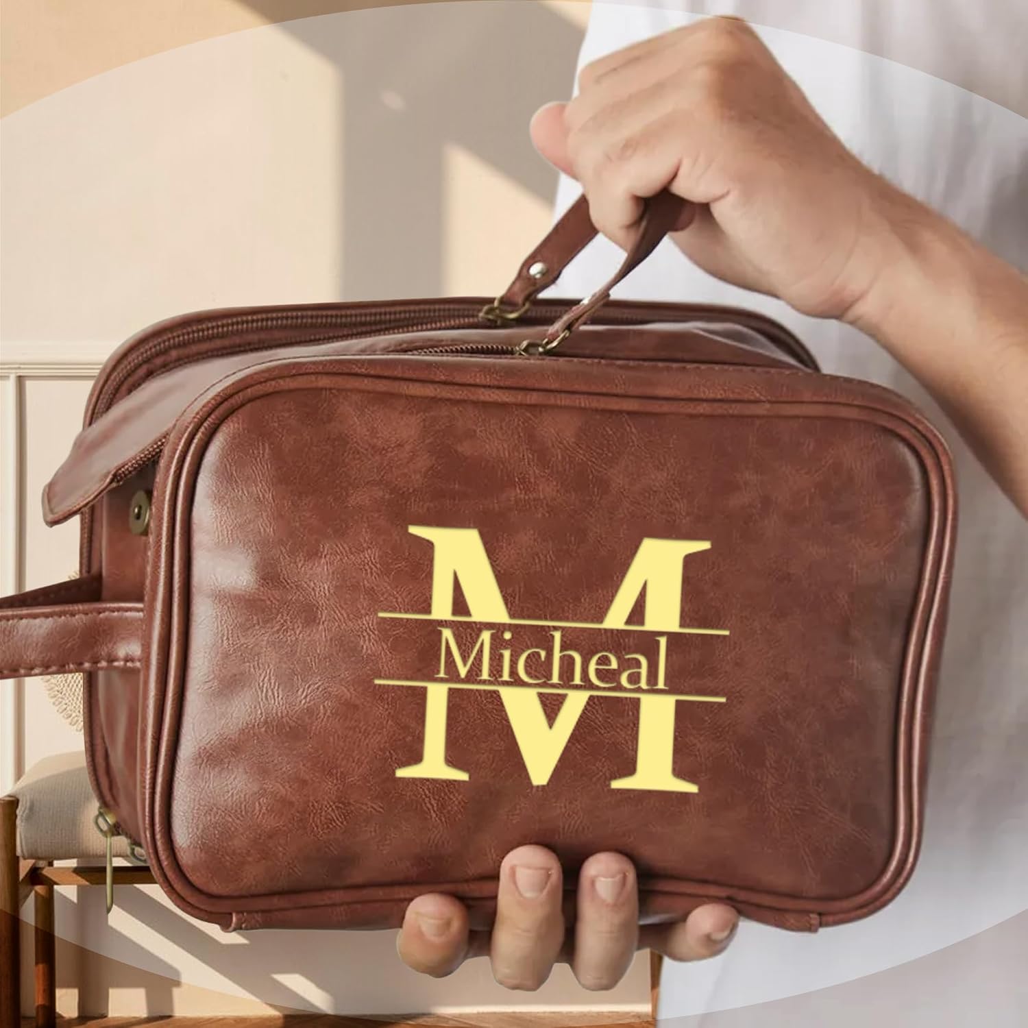 Personalized Toiletry Bag for Men, Gifts for Men Fathers Day Dad Gifts, Custom Engraved Leather Kit Gift for Dad, Grandpa, Husband, Waterproof Shaving Travel Kit, Mens Travel Gift