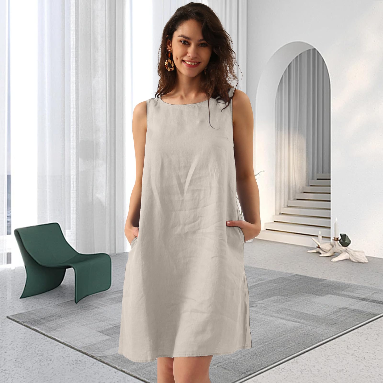 Amazhiyu Vestido de lino para mujer, sin mangas, vestido de verano, vestido de playa, vestido midi hasta la rodilla, cuello redondo, sin mangas, con bolsillos
