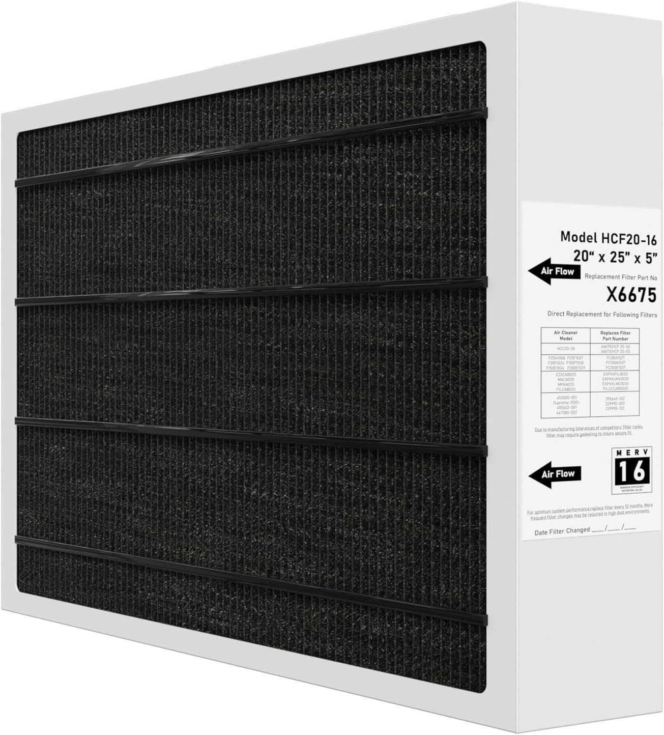 X6675 Merv 16 Air Filter 20x25x5 Efficient Air Filter Compatible with Lennox X6675 and Lennox HCC20-28 Furnace HVAC System, Part Number HCF20-16 1 Pack 20" x 25" x 5"