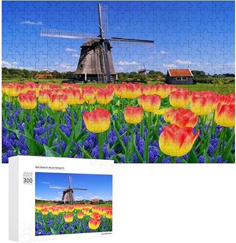 jarenap Molino de viento holandés, rompecabezas de madera de 15.7 x 11 pulgadas para adultos, flores de primavera con molino de viento holandés,