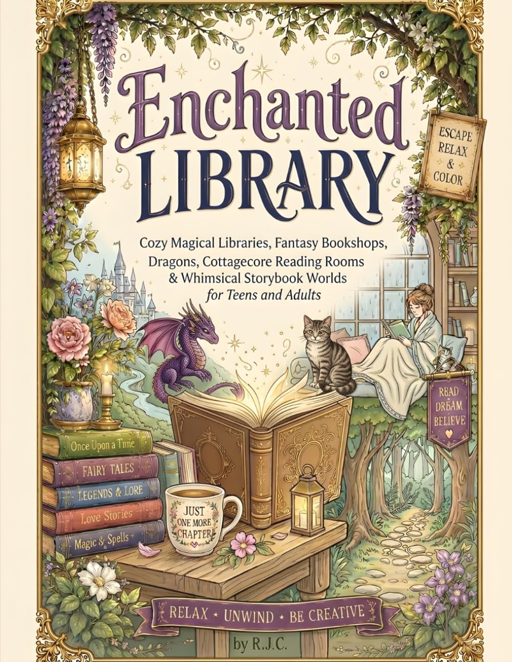 Enchanted Library Coloring Book: Cozy Magical Libraries, Fantasy Bookshops, Dragons, Cottagecore Reading Rooms & Whimsical Storybook Worlds for Teens and Adults