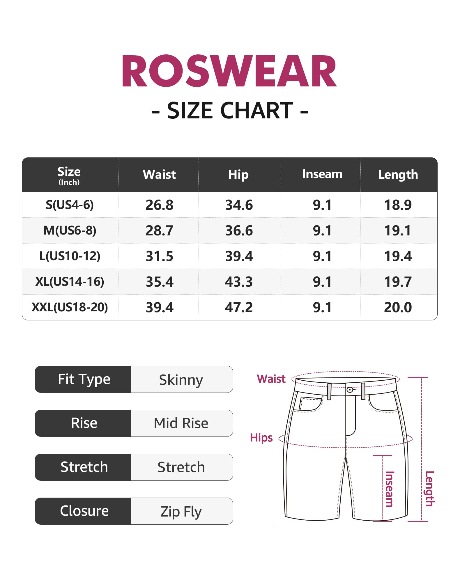 roswear Bermuda da Donna a Vita Media, Elasticizzati, in Denim, Azzurro Chiaro, XL