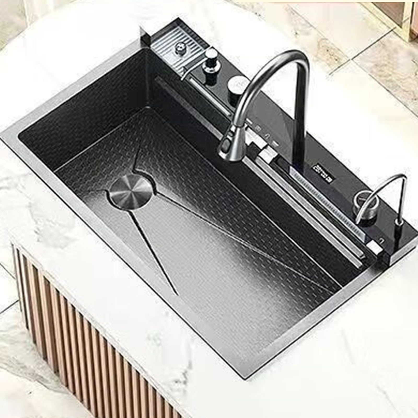 Sddpulse Gray Super Thick Honeycomb Patterned Stainless Steel Kitchen Sink With Waterfall Faucet - 2-In-1 Dishwashing & Vegetable Sink For Home Use,Grey-75X45cm
