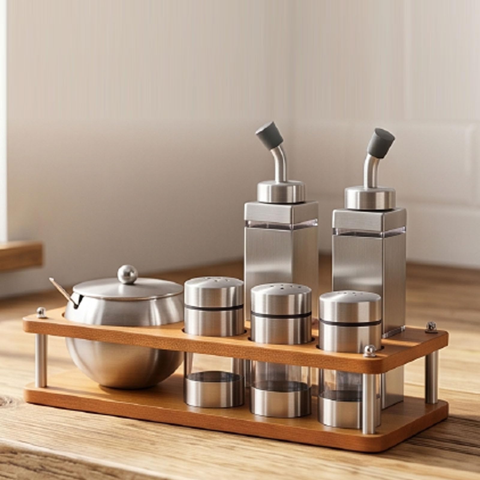 Fockety Set Barattoli per Condimenti in Acciaio Inossidabile 304 per Uso Alimentare, Barattoli per Condimenti con Coperchi Ermetici in Legno, Contenitori per per Sale,