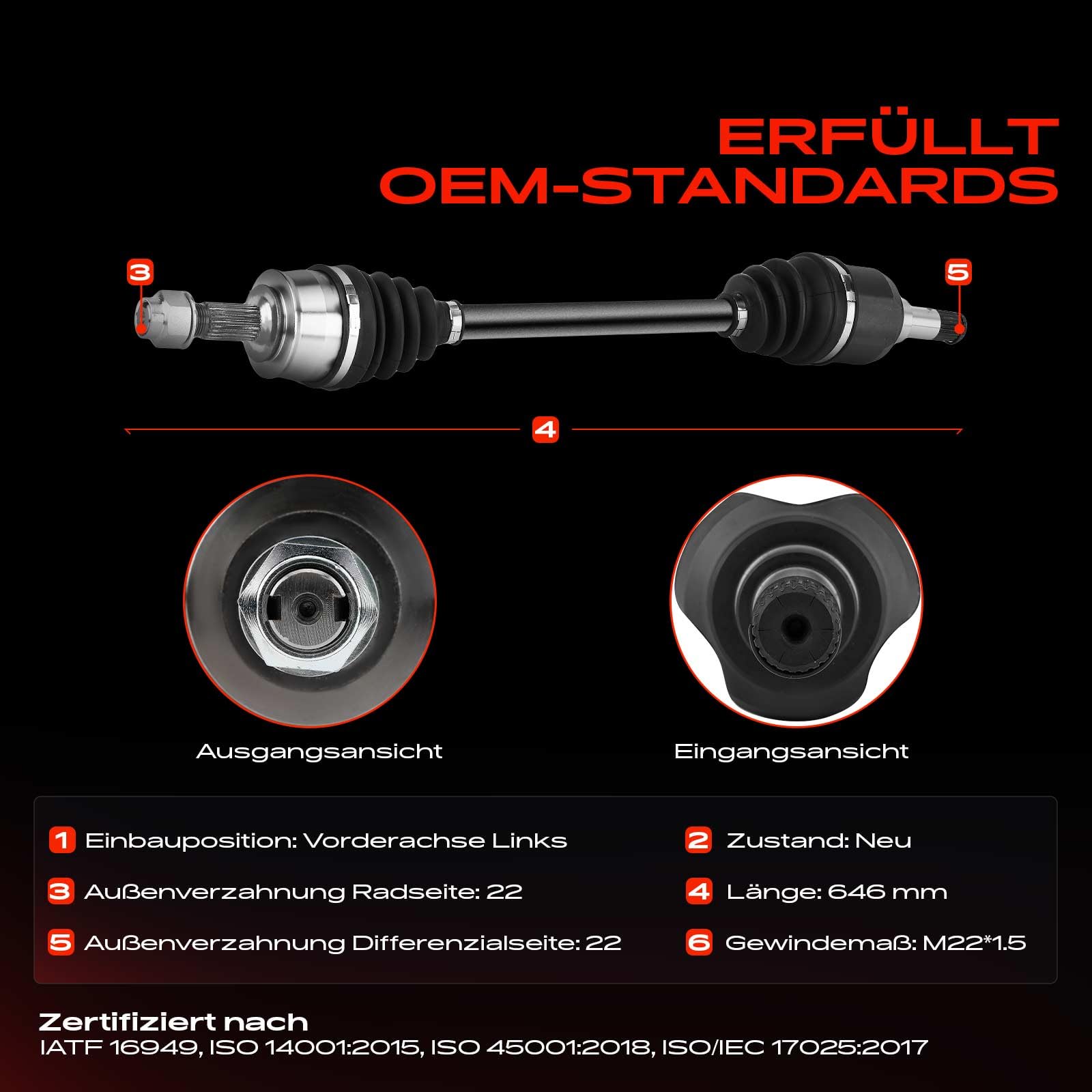 Frankberg Semiasse Albero di trasmissione Cambio manuale senza ABS Ring Asse Anteriore Sinistra Compatibile con Cono 955 Fiorino Combi/MPV 225 Grande Punto 199 Punto 199 Replace# 55700560