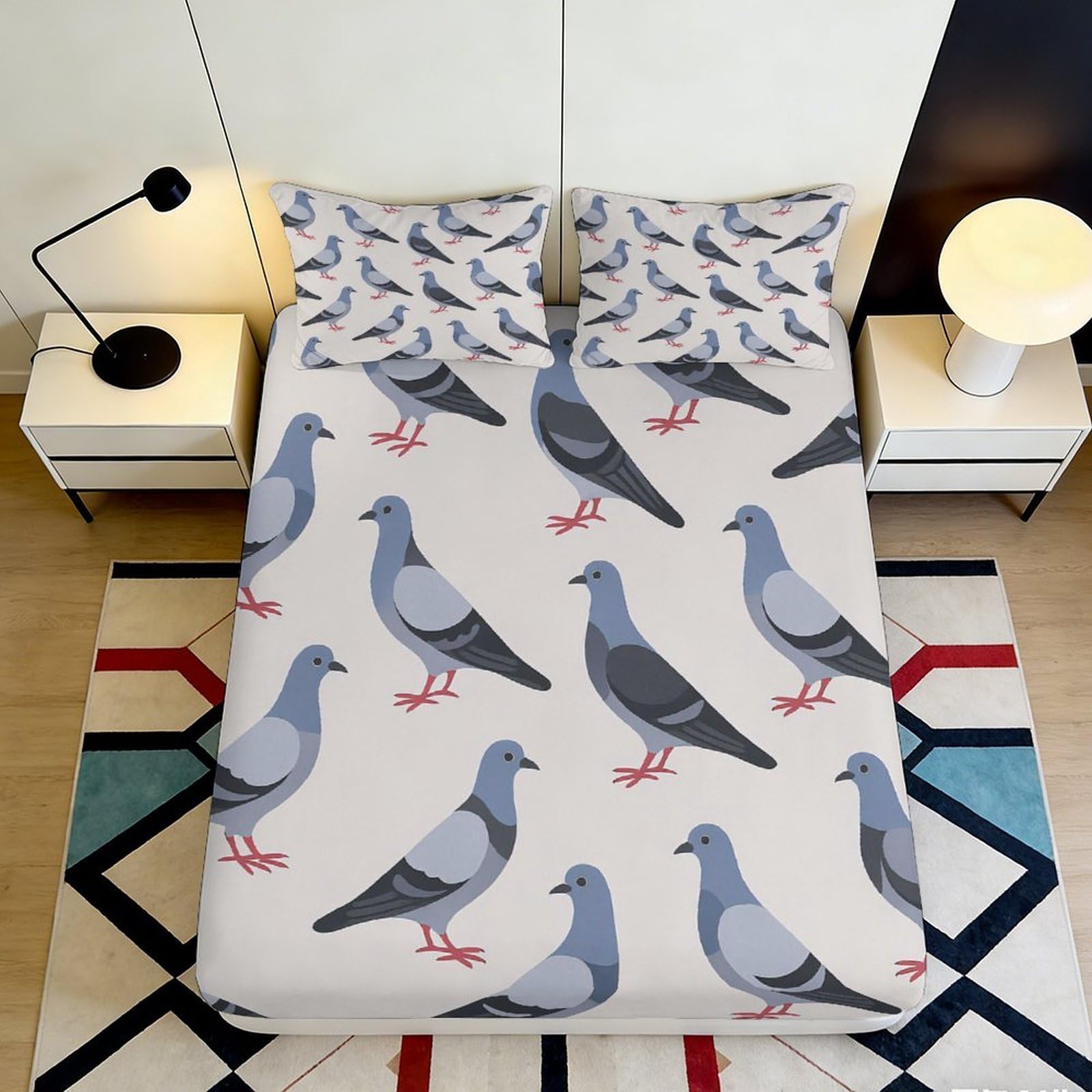 3D Printed Cartoon Pigeon Fitted Sheet Microfiber Anti-Slip Mattress Cover for Bedroom Dorm Mattress Decoration 140x200x25cm