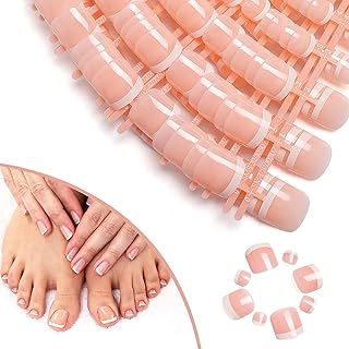 140 pcs French Fake Toe Nails French Tips False Toenails Glossy Short Square Full Cover Press On Toenails White Nude French Toenails, foreverLily