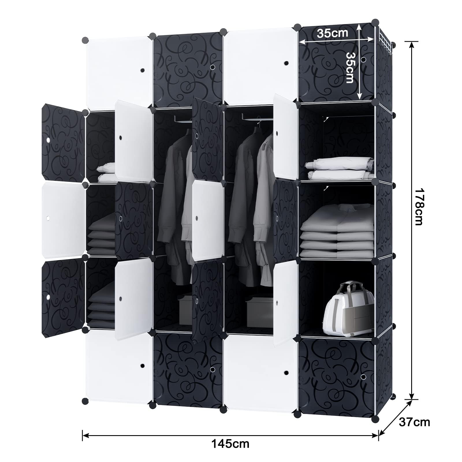 Froadp Armario plegable de 178 x 145 x 35 cm, sistema de estanterías de plástico, armario con 20 compartimentos, sistema de estantería, armario para ropa, zapatos, juguetes, libros, blanco y negro