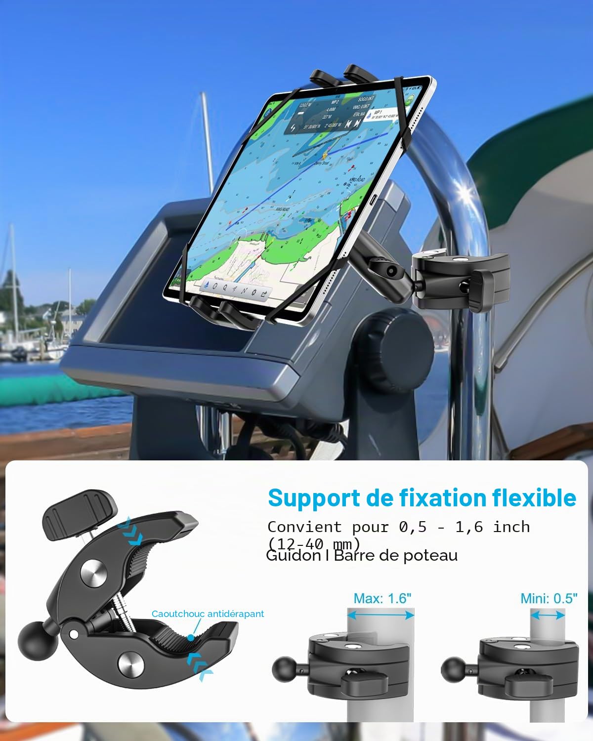 Support Tablette pour Bateau, Support Tablette Bateau avec Bras Robuste Réglable à 360°, Porte Tube pour iPad Pro 13 11 Air Mini, Galaxy Tab A9+ S6 S9, Tab M11 M10 M9, Téléphone, 4-13"