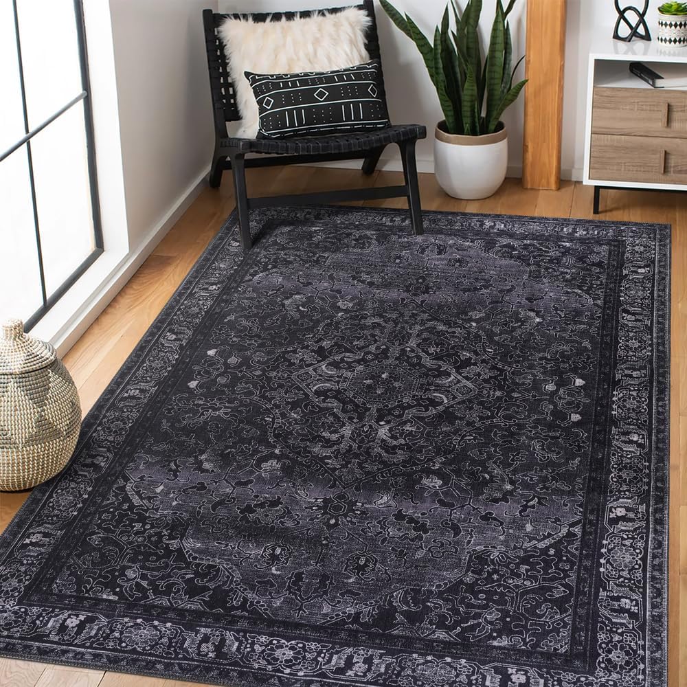 Washable Area Rugs for Living Room Traditional Flatweave Rug Non Slip Kitchen Rug - Decorative Floor Mats Low Pile Vintage Rugs Boho Design Foldable Hallway Carpets for Bedroom -Black