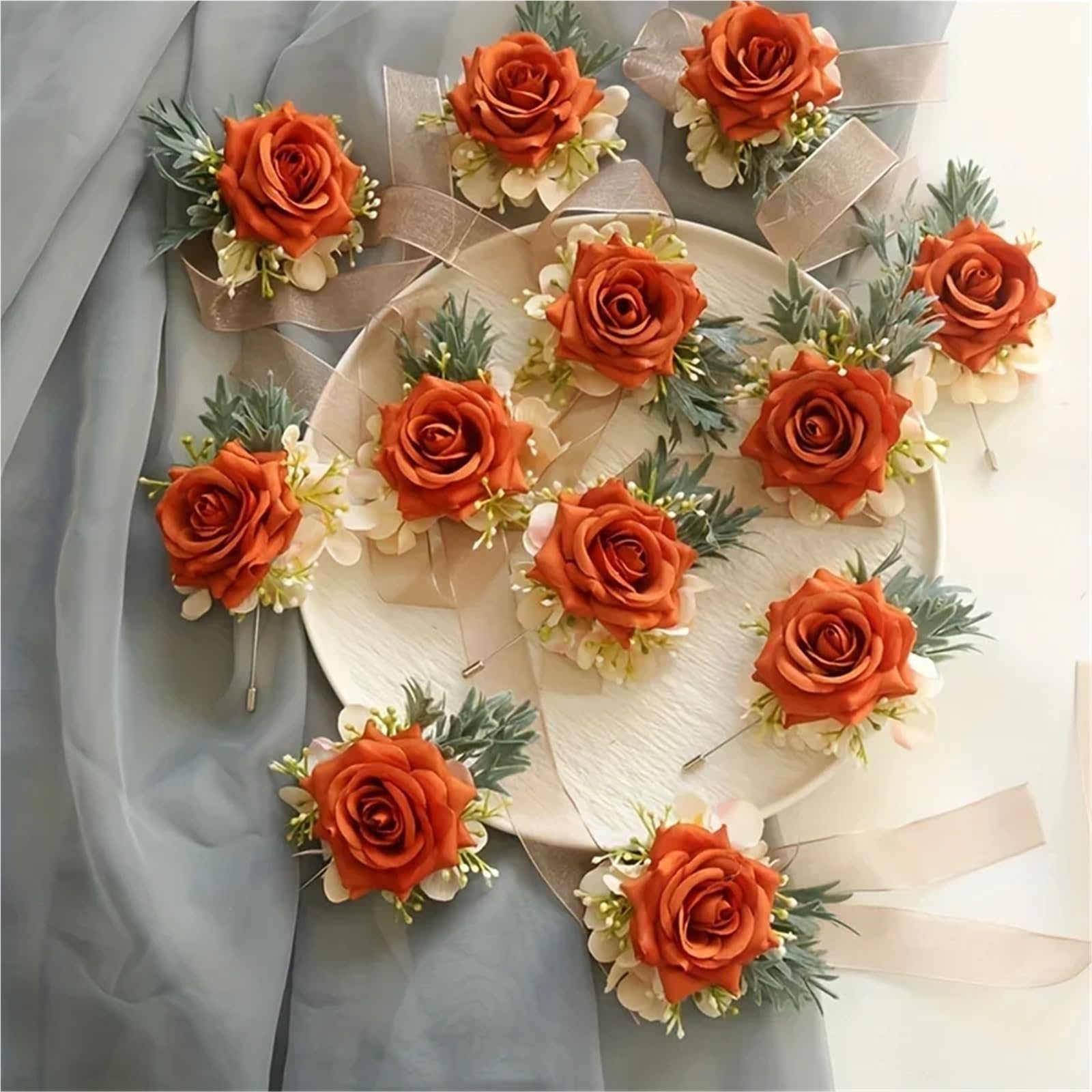 Ansteckblume 6 Stück tieforange Rose Hochzeit Handgelenk Corsage und Boutonniere Zubehör for Braut Brautjungfer Männer Bräutigam(6PCS Set)