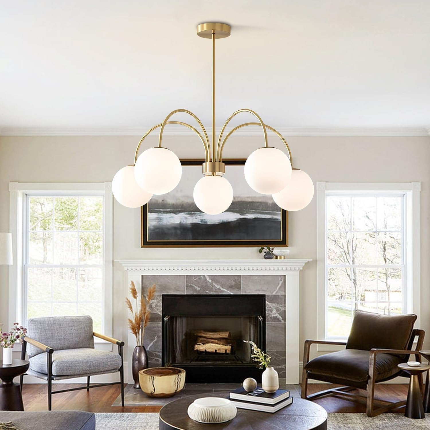 SYAXVOM Glass Pendant ht Ceiling ht, Mid Century Modern Globe Chandelier Flush Mount Gold 3-ht Or 5-ht(5 ht)