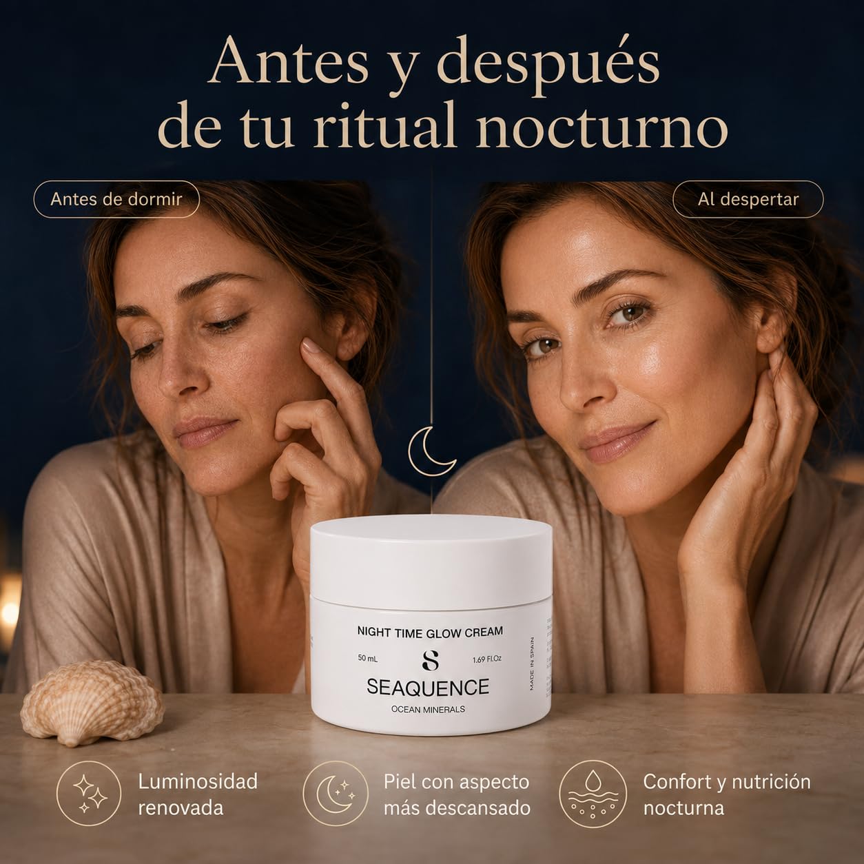 SEAQUENCE Night Time Glow Cream – Crema Facial de Noche con Retinol Liposomado, Hydra 5 Super HA y ORMUS Marino con 71 Elementos – Hidratación, Elasticidad y Luminosidad – 50 ml