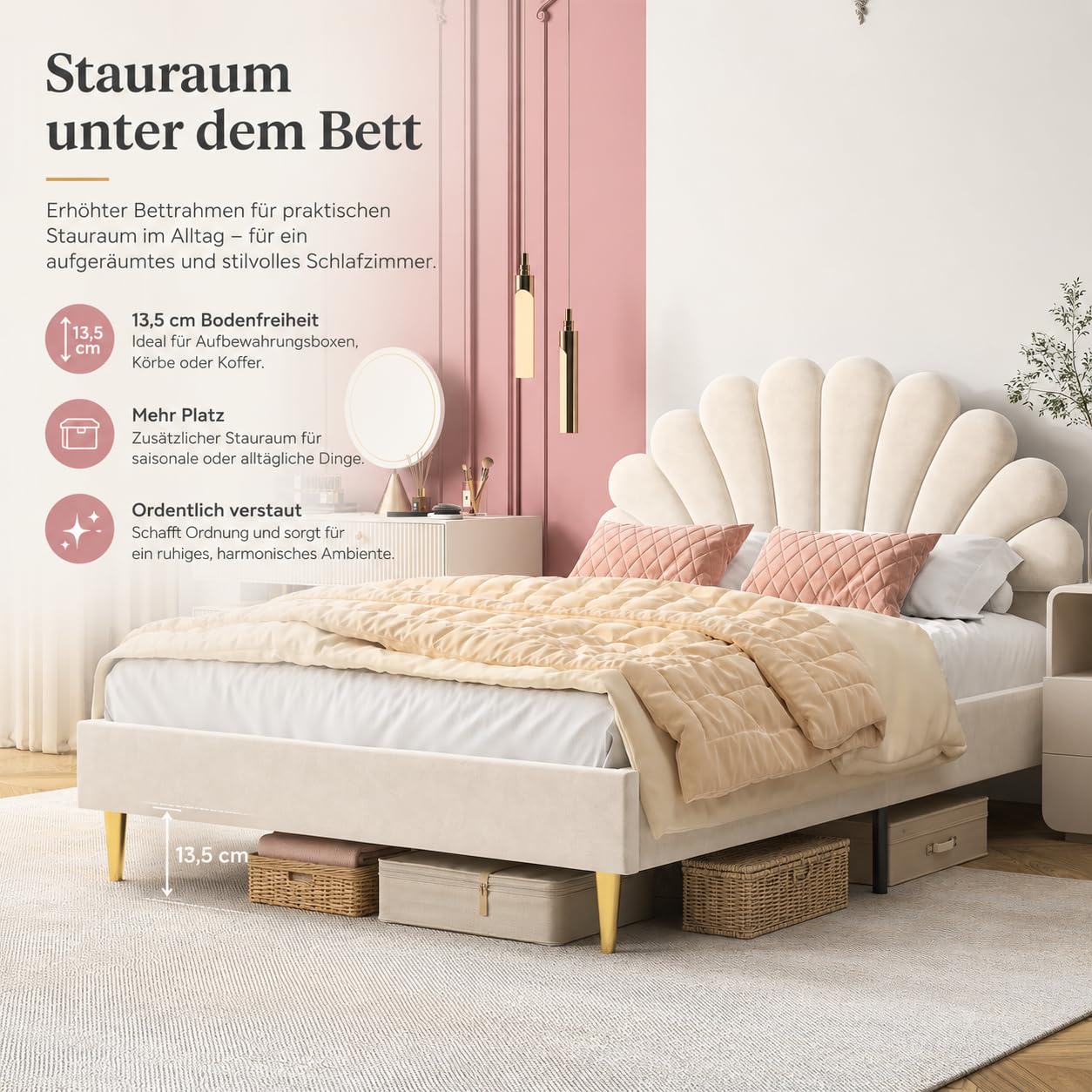 Polsterbett Kinderbett 140x200 cm, Doppelbett mit Lattenrost und Verstellbares Kopfteil in Blumenform, Mädchen Bett aus Holz, Samtstoff, Bett für Schlafzimmer, Ohne Matratze, Beige