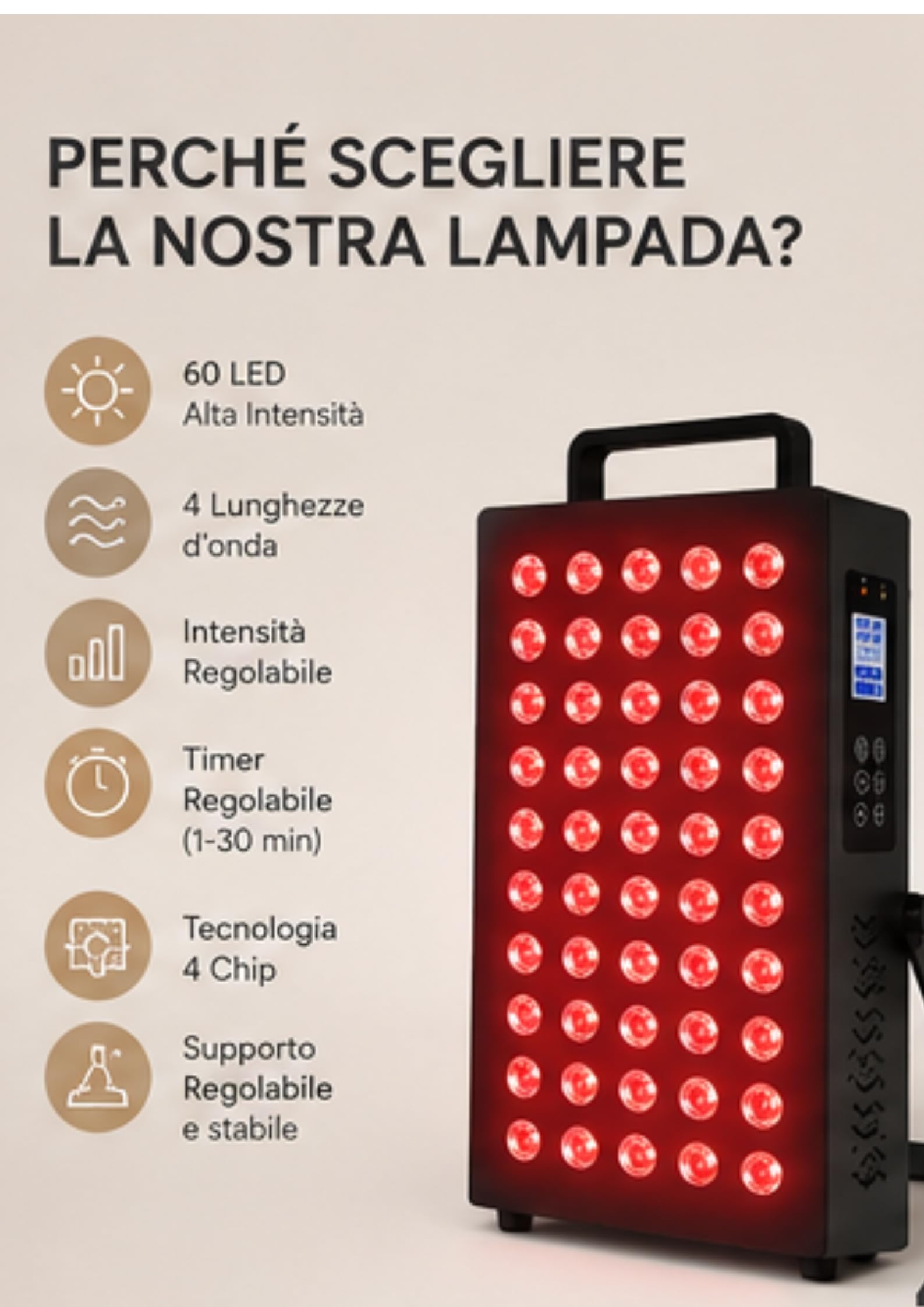 Lampada per terapia a luce rossa, 60 LED con tecnologia a 4 chip, 4 lunghezze d'onda (630 nm, 660 nm, 850 nm, 940 nm), intensità regolabile e timer, lampada a infrarossi per recupero muscolare