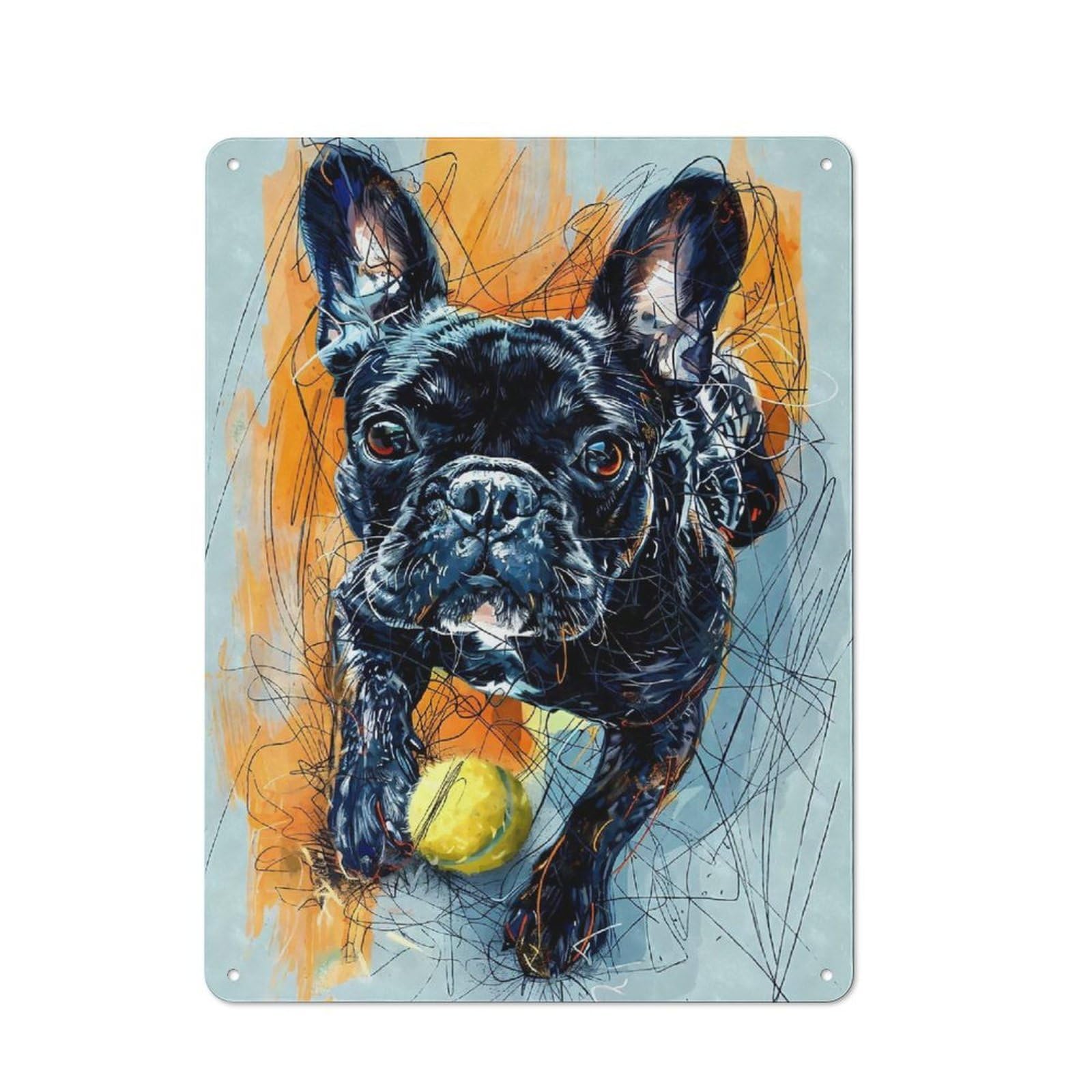 Junmoney French Bulldog Tennis Ball Metal Wall Plaque 40X30cm, Simple Retro Studio Wall Plaque For Office, Study, Studio Or Hallway