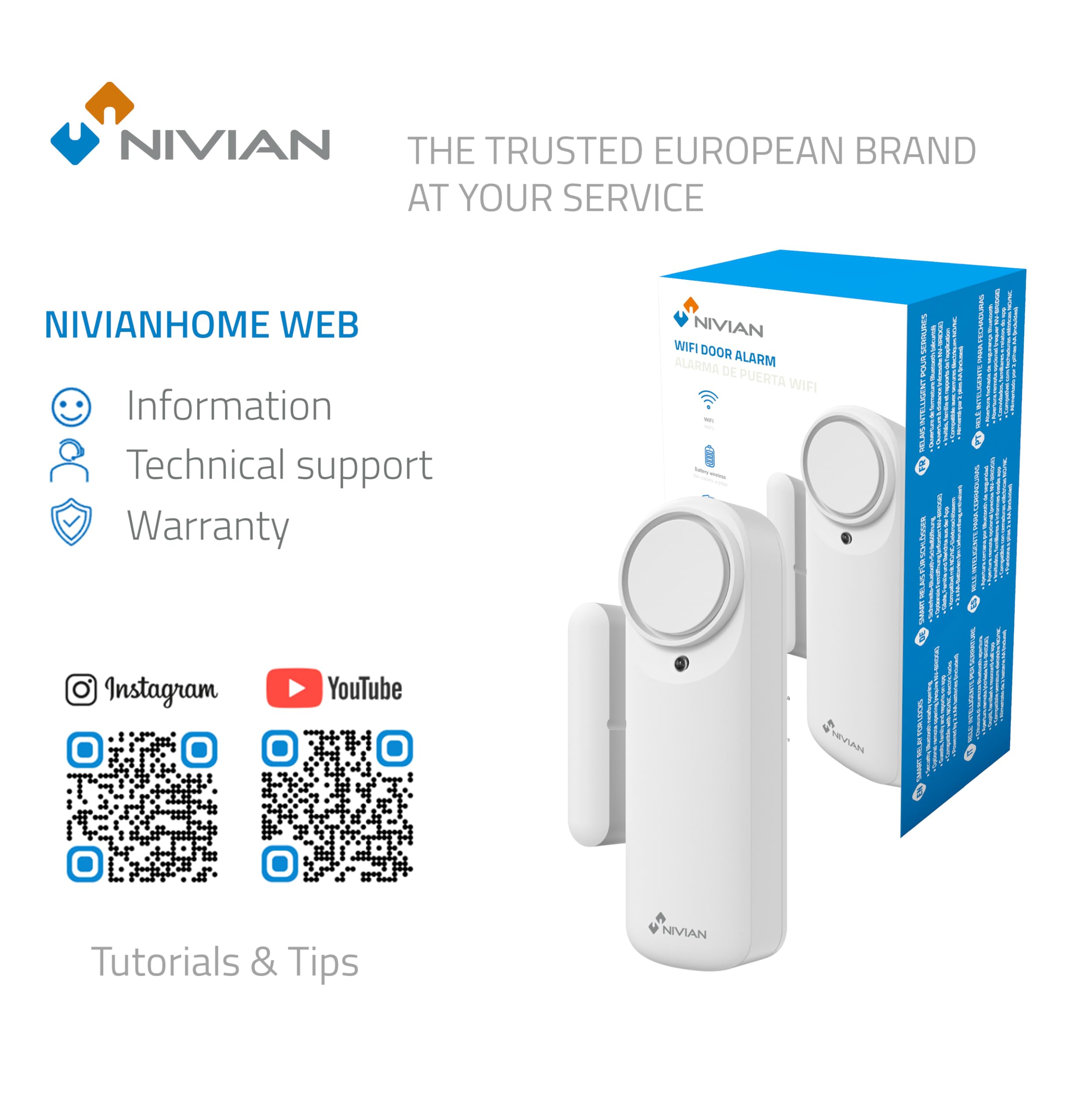 Nivian Alarma de Puerta Inteligente WiFi, Sensor Magnético para Puertas, Inalámbrico con App Móvil, Notificaciones en Tiempo Real, Botón Manual, Sirena 100dB (Pack 3)