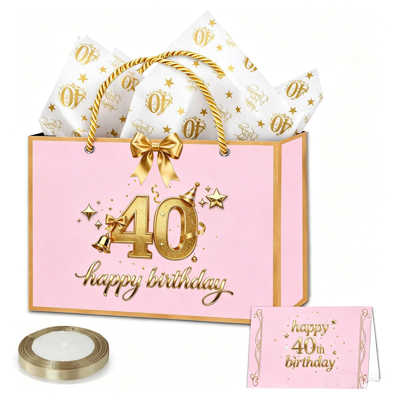 40th Birthday Gift Bag for Women, 28 * 20 * 10cm Luxury Pink Birthday Party Gift Bag Medium with 40th Tissue Paper Sheets Card and Ribbon for Ladies Her Female 40 th Birthdays Present Decorations