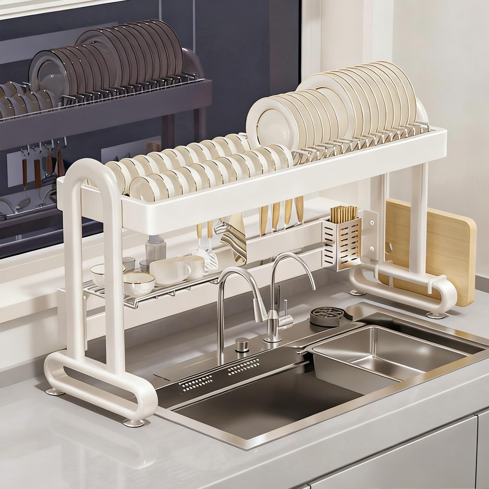 Escurridor ajustable de acero inoxidable sobre fregadero, diseño de ahorro de espacio para cocina, doble columna multizona de 65 cm, ideal para organización y uso eficiente del espacio