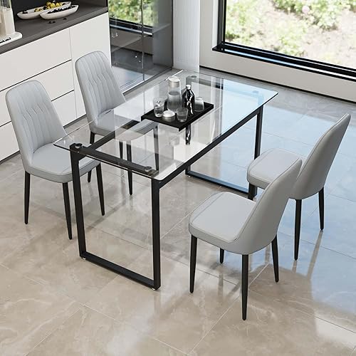 Modern Glass Dining Table with 5 Piece Set - Rectangular Tempered Glass Tabletop and 4 PU Chairs for Dining, Kitchen, Office